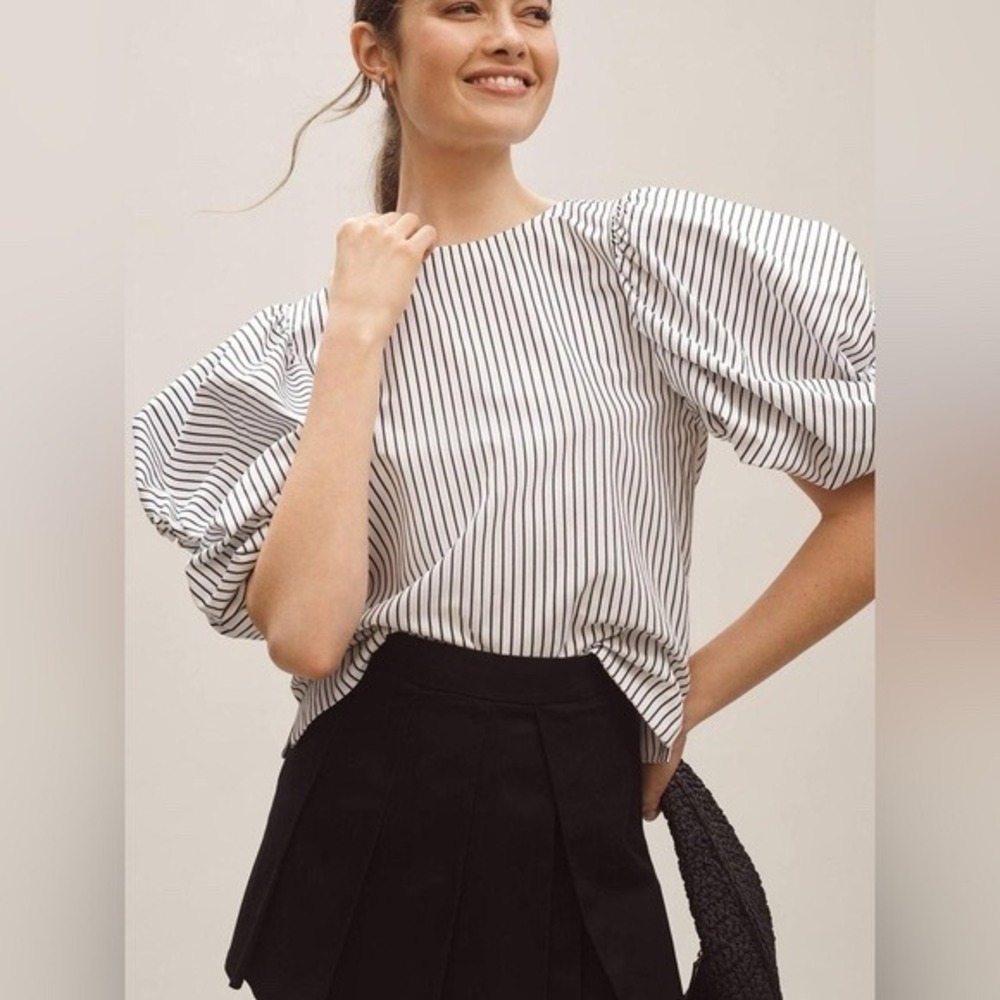 Maeve White and Black Striped Puff-Sleeve Blouse